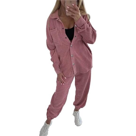 Women's Tracksuit Corduroy Long Sleeve Button Down Jacket and Pants Set